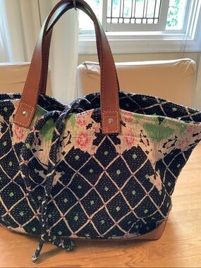 Sundance Vintage Kantha Cloth & Natural Leather Satchel Tote Overnighter Bag